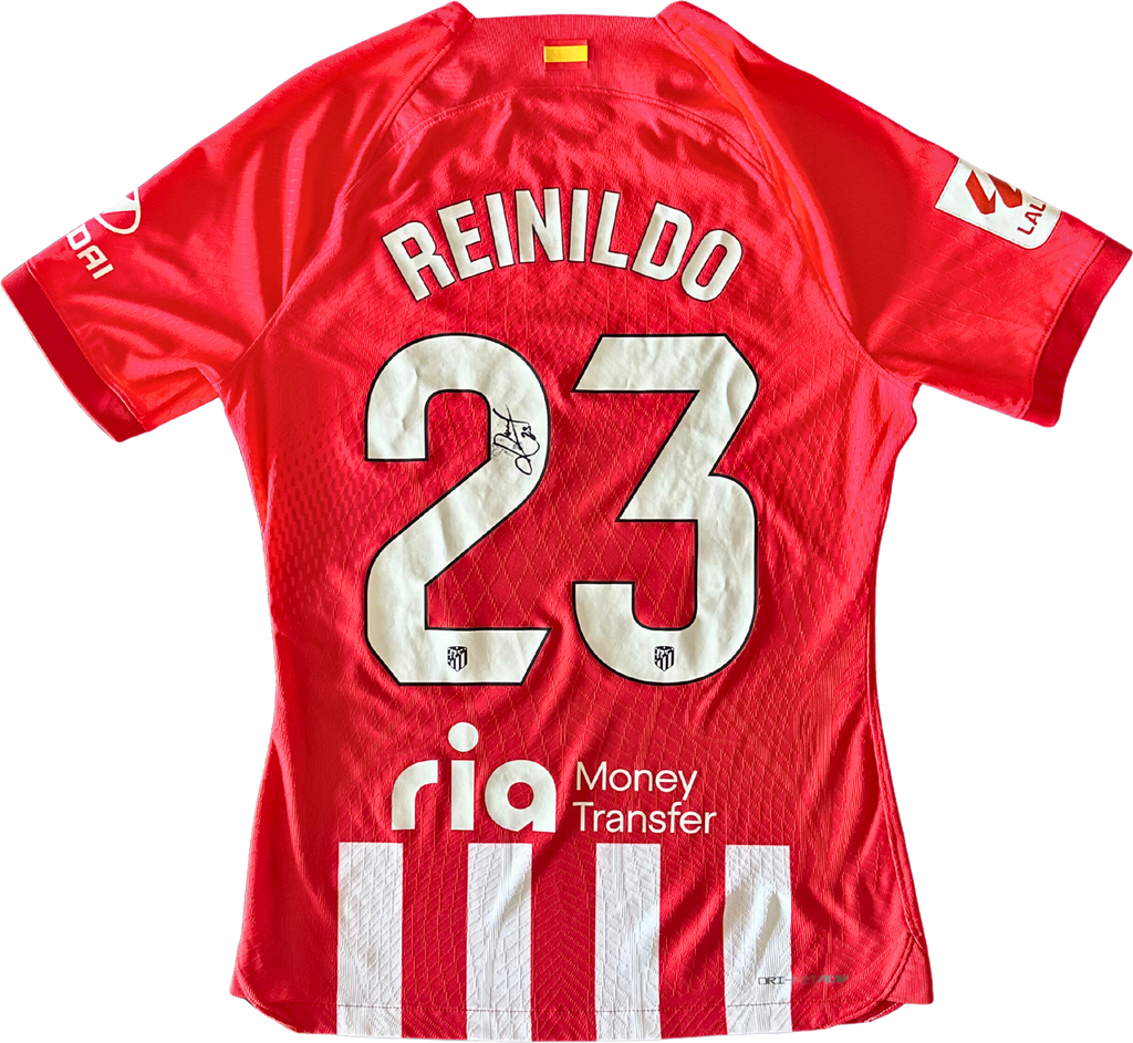 Jersey Atlético de Madrid local Reinildo preparado y firmado