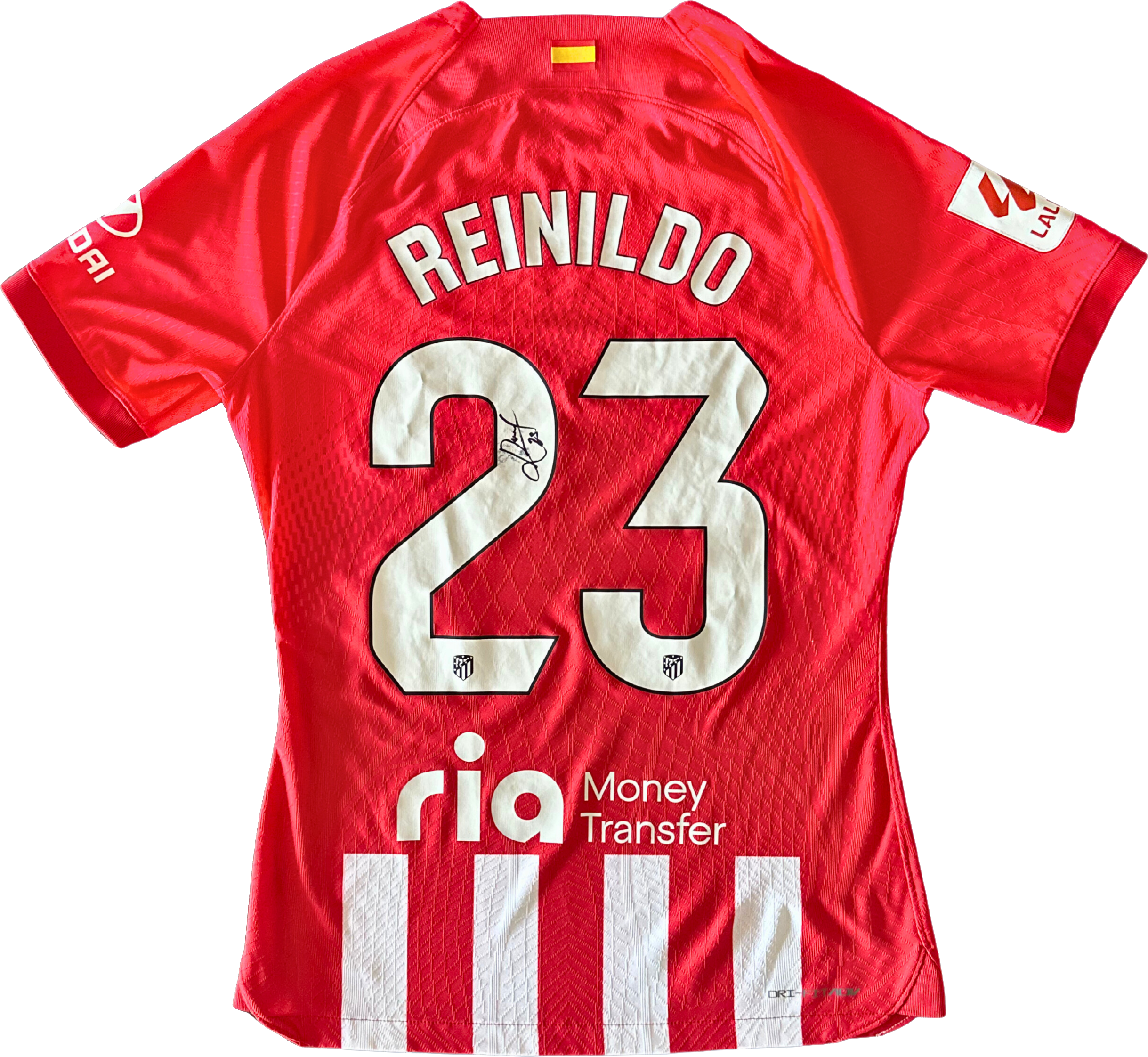 Jersey Atlético de Madrid local Reinildo preparado y firmado